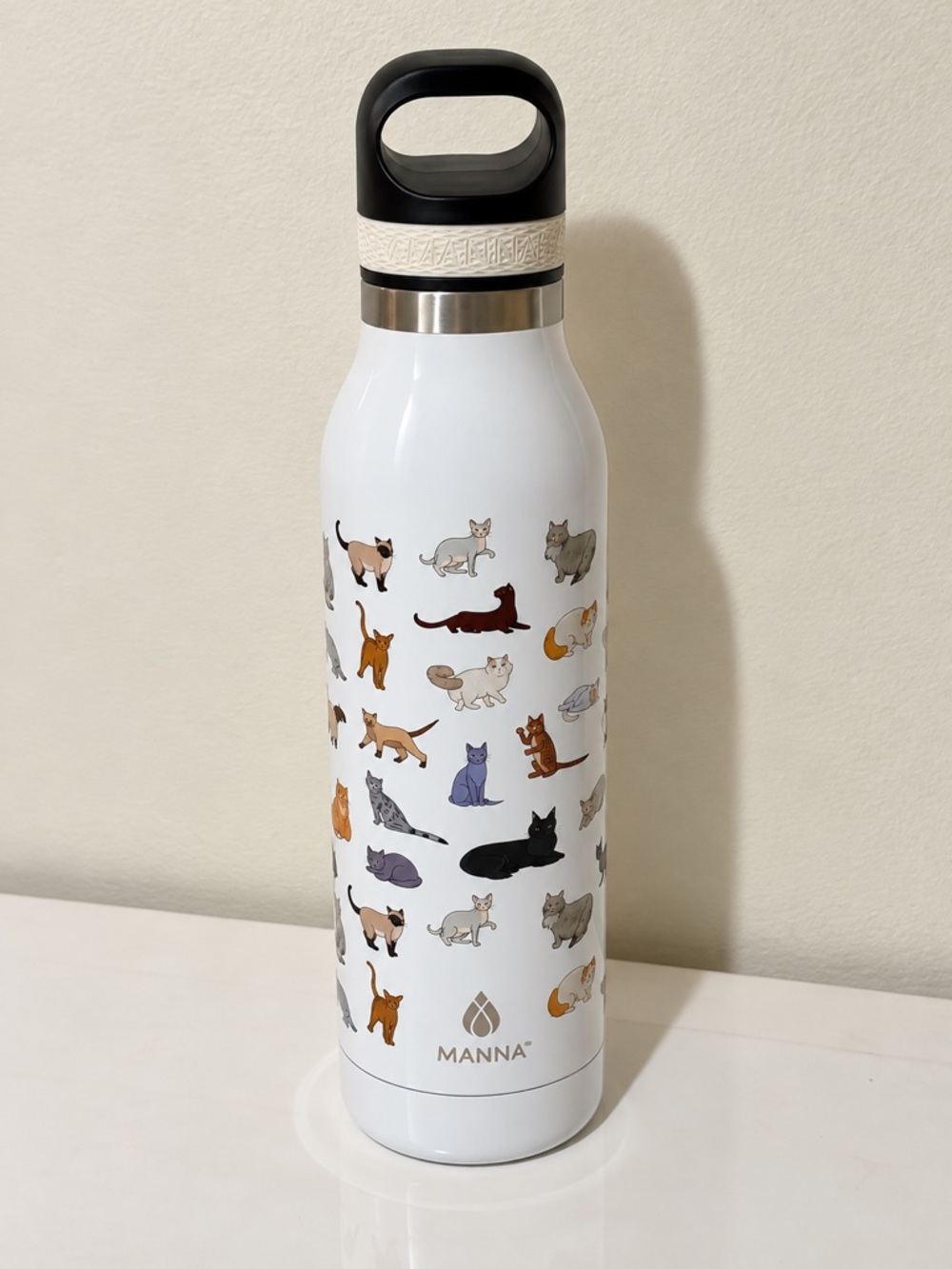 Manna White Cat Pattern Insulated Vacuum Sealed Water Bottle